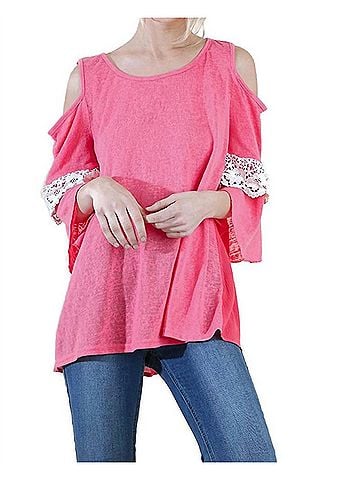 Umgee Cold Shoulder Ruffle Sleeve Top in Coral (view 2)