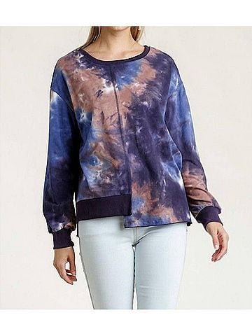 Umgee Contrast Trim Tie Dye Top in Blue (view 2)