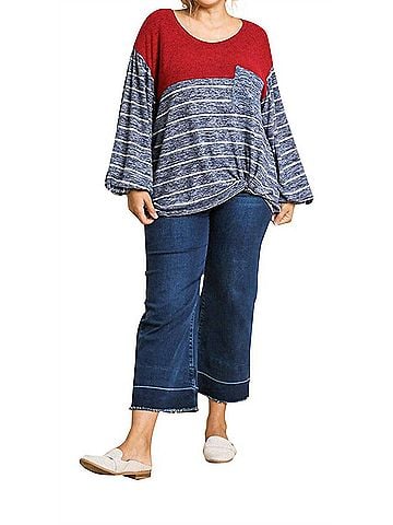 Umgee Heathered Puff Sleeve Top - Plus in Red (view 2)