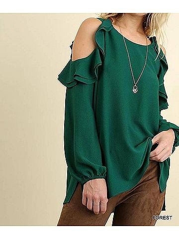 Umgee Ruffle Open Shoulder Blouse - Plus in Forest (view 2)