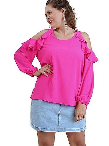 Umgee Ruffle Open Shoulder Blouse - Plus in Pink (view 2)