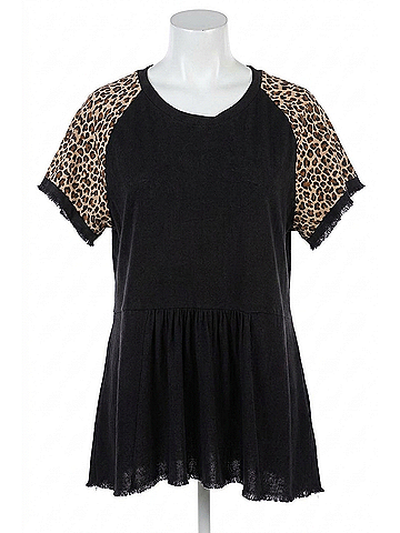 Umgee Leopard Sleeve Babydoll Top - Plus in Black (view 1)