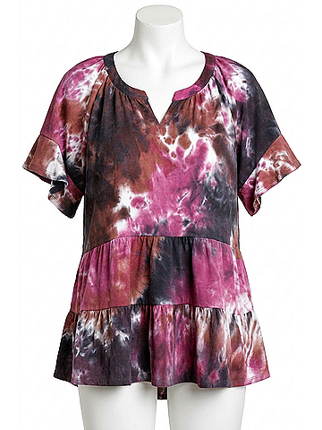 Umgee Tie Dye Mandarin Tiered Ruffle Top in Pink/Black (view 1)