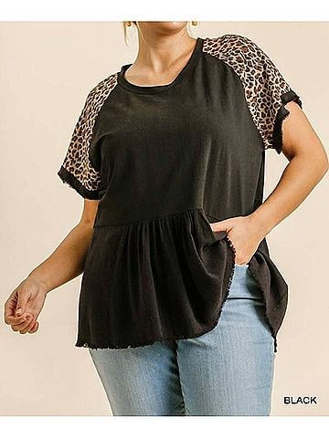 Umgee Leopard Sleeve Babydoll Top - Plus in Black (view 2)