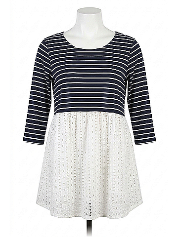 Umgee Striped & Eyelet Babydoll Top in Navy (view 1)