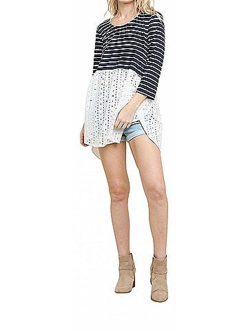 Umgee Striped & Eyelet Babydoll Top in Navy (view 2)