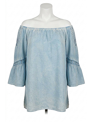 Umgee Off The Shoulder Lace Top - Plus in Light Denim (view 1)