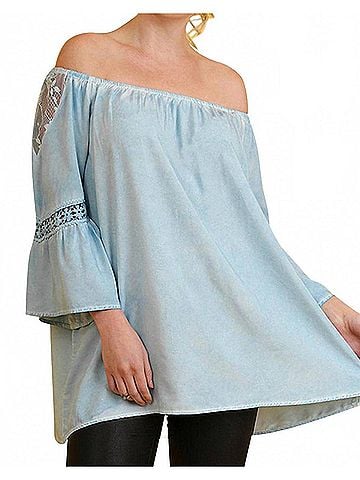 Umgee Off The Shoulder Lace Top - Plus in Light Denim (view 2)