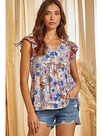 Andree by UNIT Babydoll Embroidered Pom Pom Top in Multicolor (view 2)