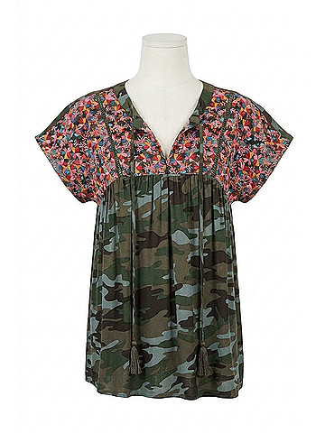 Andree by UNIT Babydoll Embroidered Top in Camo (view 1)