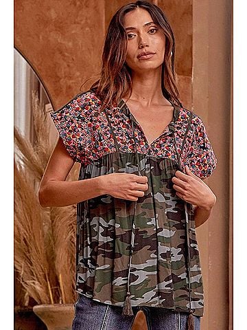 Andree by UNIT Babydoll Embroidered Top in Camo (view 2)
