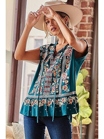 Andree by UNIT Embroidered Ruffle Top in Teal (view 2)
