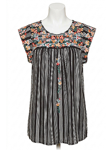 Andree by UNIT Flutter Sleeve Striped And Embroidered Top in Black (view 1)