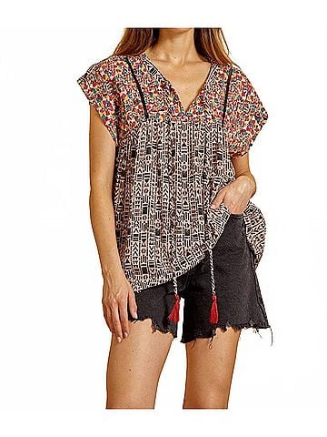 Andree by UNIT Geometric Babydoll Floral Embroidered Top in Mocha And Black (view 2)