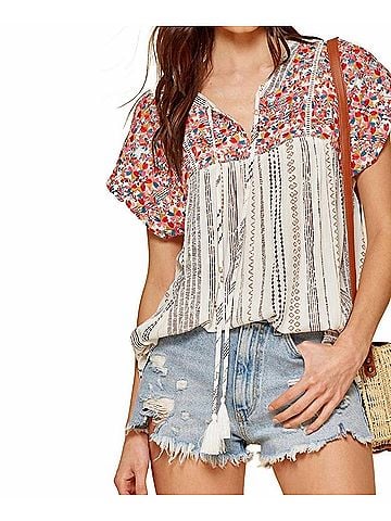 Andree by UNIT Striped Babydoll Embroidered Top in Ivory (view 2)