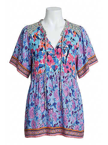Umgee Mixed Floral Print Bohemian Top in Periwinkle (view 1)