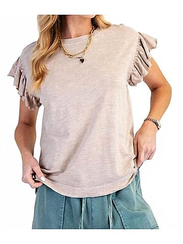 Easel Wing Sleeves Cotton Slub Mineral Washed Knit Top in Sand (view 2)