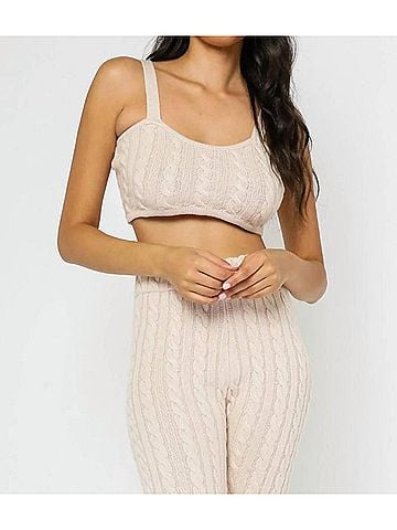 Olivaceous Cable Knit Crop Top in Beige (view 2)