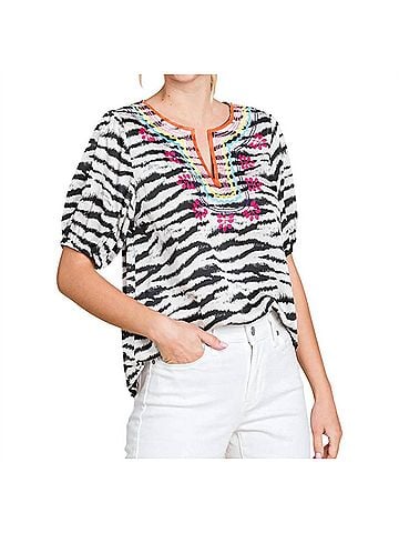 Jodifl Zebra Print Embroidered Yoke Top in Black/White (view 2)
