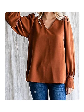 Jodifl V Neck Long Sleeve Top in Toffee (view 2)