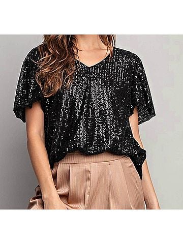 ee:some Nichole Short Sleeve Sequin Top in Black (view 2)