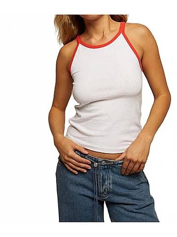 perfectwhitetee Shae Soft Cotton Jersey Tank in White/Poppy (view 2)