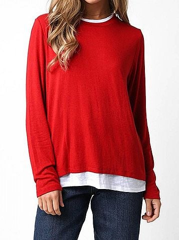 Olivaceous Double Layer Crew Neck Sweater in Red (view 2)