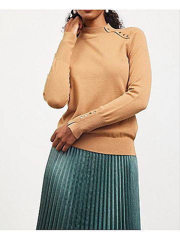 Skies Are Blue Mock Neck Button Top in Camel (view 2)