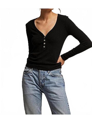 perfectwhitetee Evangeline Rib Long Sleeve V-Neck Sweater in True Black (view 2)