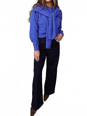 Skies Are Blue Crew Neck Sweater With Shoulder Draping in Cobalt Blue (view 2)