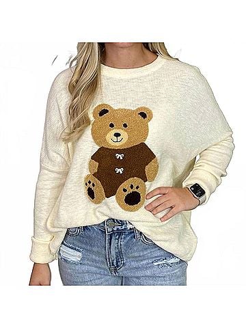 Easel Teddy Bear Knit Sweater in Beige (view 2)