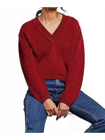 perfectwhitetee Addie Oversized V-Neck Sweater in Maple (view 2)