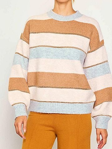 Skies Are Blue Striped Crewneck Sweater in Cream And Camel (view 2)