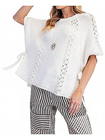 Easel Half Sleeve Knitted Poncho in Cream (view 2)