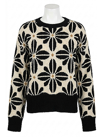 Bibi Long Sleeve Flower Sweater Top in Black/Ivory (view 1)