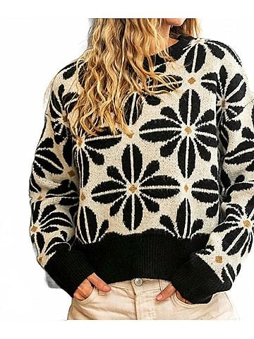 Bibi Long Sleeve Flower Sweater Top in Black/Ivory (view 2)