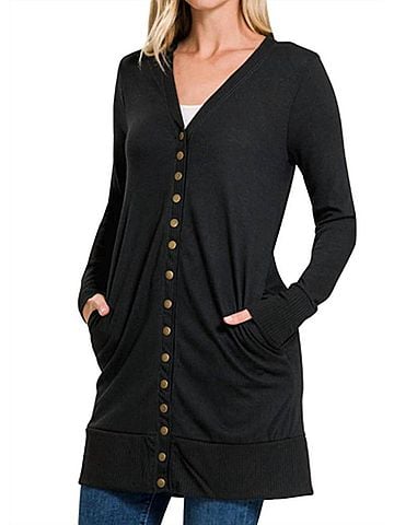 Zenana Snap Button Cardigan in Black (view 2)