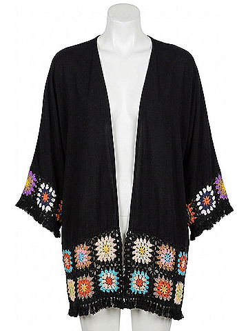 Umgee Crochet Patchwork Squares Kimono in Black (view 1)