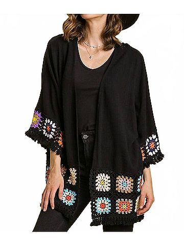 Umgee Crochet Patchwork Squares Kimono in Black (view 2)