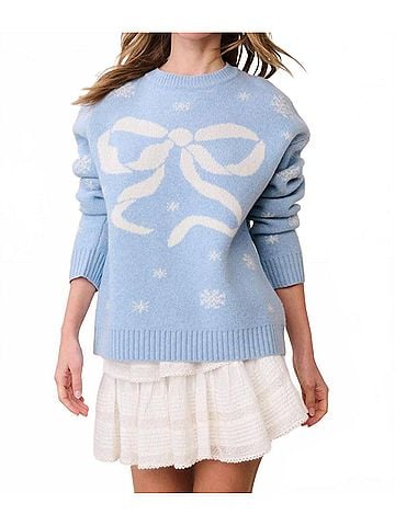 LoveShackFancy Francie Wool Jacquard Pullover Sweater in Snowflake Blue (view 2)