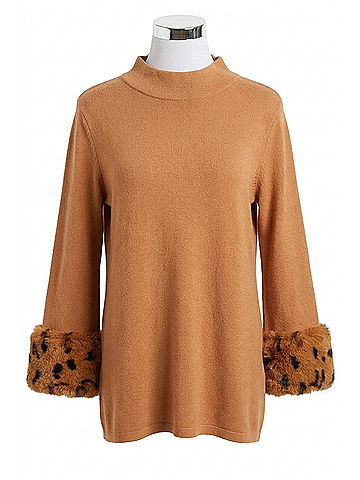 Fate Mock Neck Faux Fur Cuffs Sweater in Camel (view 1)