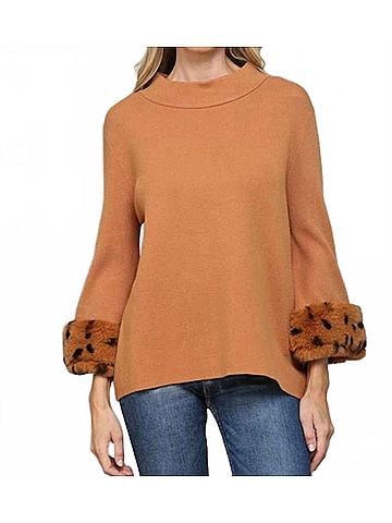 Fate Mock Neck Faux Fur Cuffs Sweater in Camel (view 2)