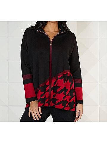 Angel Apparel Houndstooth Zip Up Poncho in Black/Red (view 2)