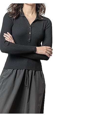 Lilla P Polo Collar Henley Sweater in Black (view 2)