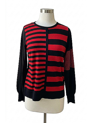 Elliott Lauren Crew Neck Pullover Top in Black W/Red Stripes (view 1)