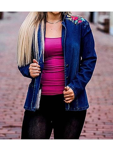 Layers Clothing Denim Embroidered Blazer in Blue (view 2)