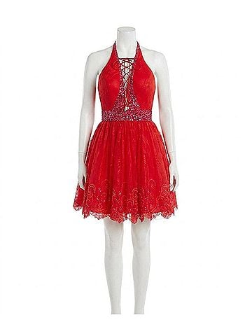 Rachel Allan Lace Open Back Short Prom Dress in Red (view 1)