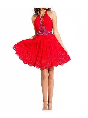 Rachel Allan Lace Open Back Short Prom Dress in Red (view 2)