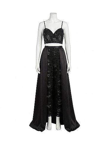 Rachel Allan Lace Embroidered Ensemble With Matte Satin Overskirt in Black (view 1)