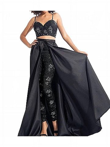 Rachel Allan Lace Embroidered Ensemble With Matte Satin Overskirt in Black (view 2)